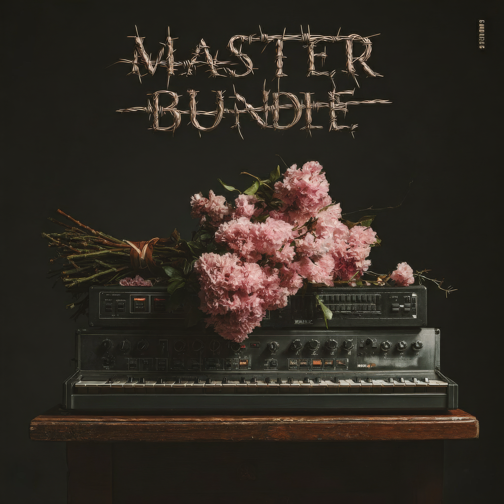 Vintage synthesizer with pink flowers on a dark background, featuring the text 'Master Bundle'.